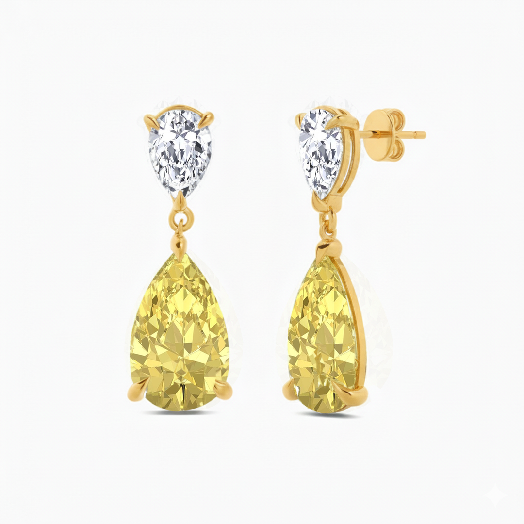 Fancy Yellow Pear Shape Lab Grown Diamond Drop Earrings Yellow Gold 14K