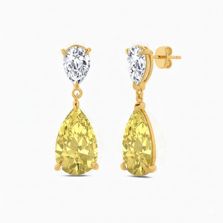 Fancy Yellow Pear Shape Lab Grown Diamond Drop Earrings Yellow Gold 14K