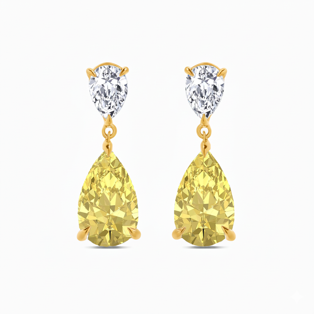 Fancy Yellow Pear Shape Lab Grown Diamond Drop Earrings Yellow Gold 18K