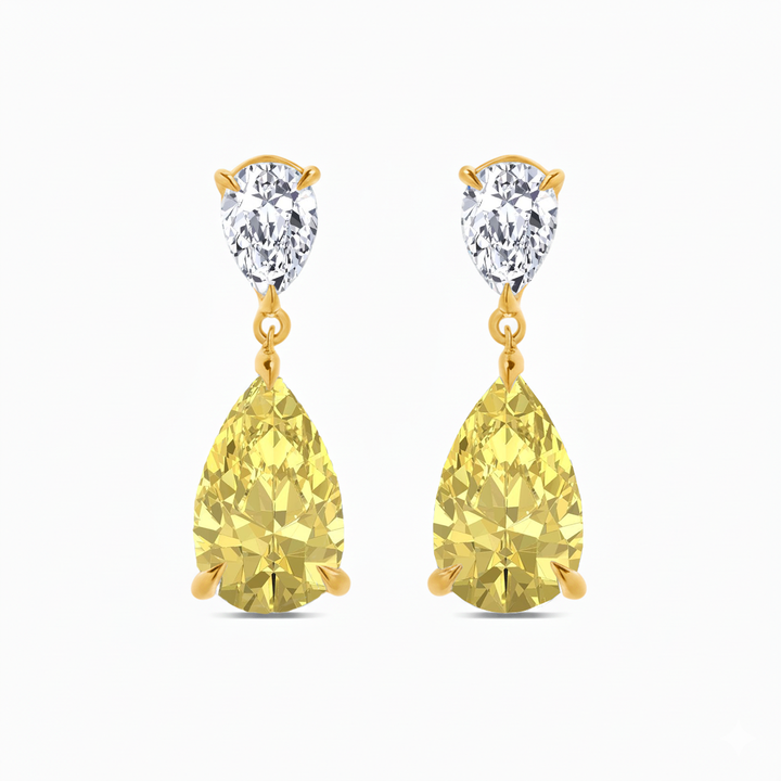 Fancy Yellow Pear Shape Lab Grown Diamond Drop Earrings Yellow Gold 18K