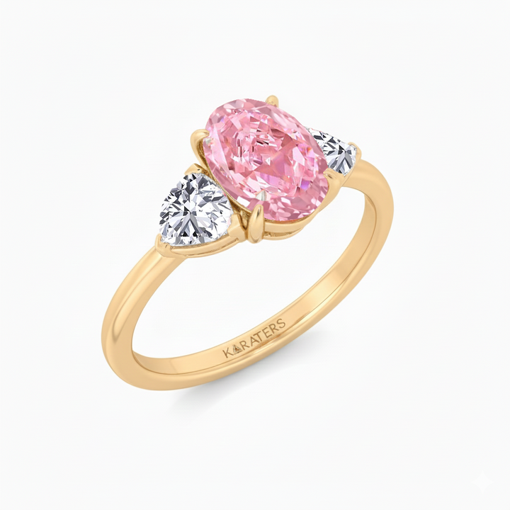 Fancy Pink Oval Shape Lab Grown Diamond Three Stone Engagement Ring YG 2