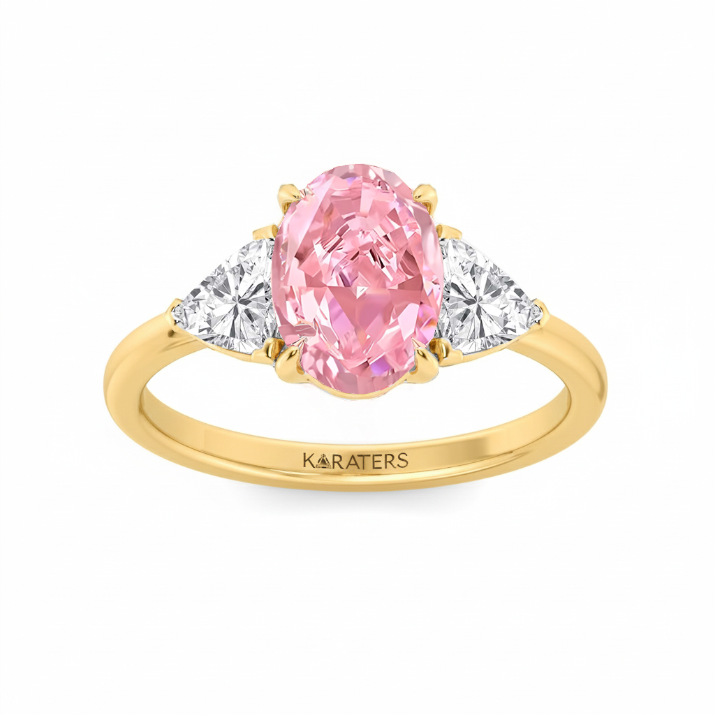 Fancy Pink Oval Shape Lab Grown Diamond Three Stone Engagement Ring YG