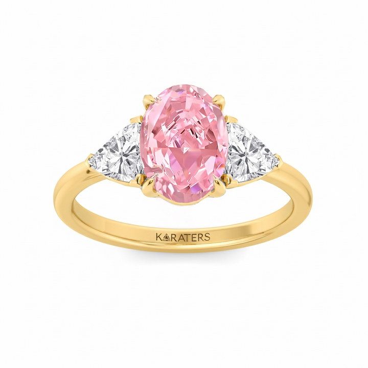 Fancy Pink Oval Shape Lab Grown Diamond Three Stone Engagement Ring YG