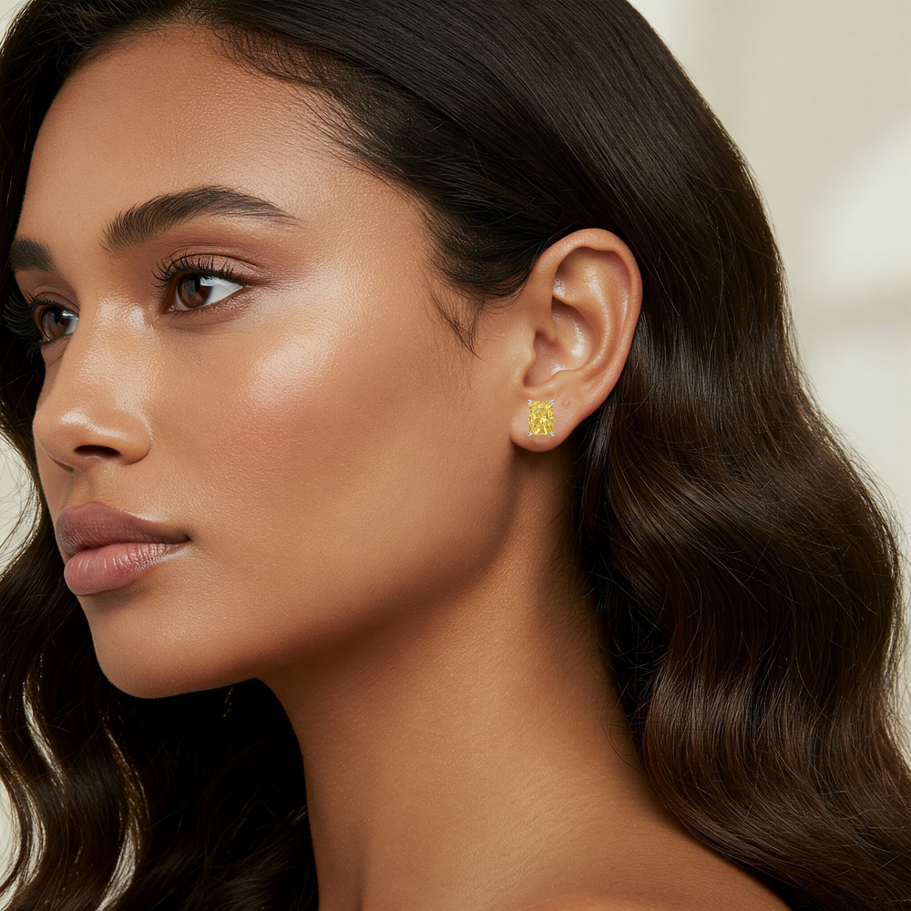 Fancy Yellow Radiant Cut Lab Grown Diamond Studs WG lifestyle