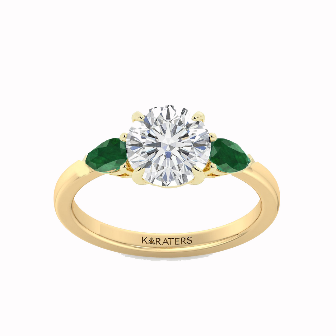 Yellow Gold Round Lab Diamond with Pear Shape Emerald Side Stone front