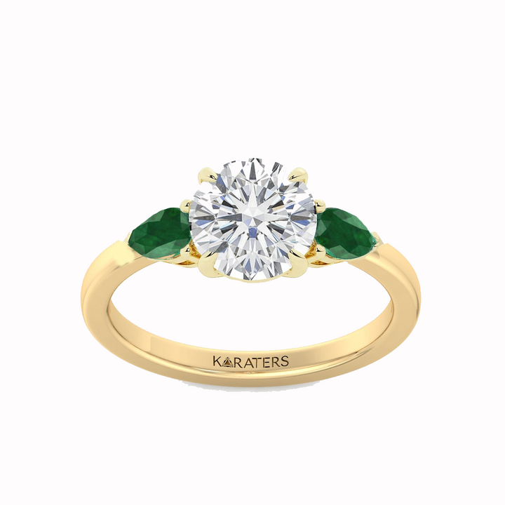 Yellow Gold Round Lab Diamond with Pear Shape Emerald Side Stone front