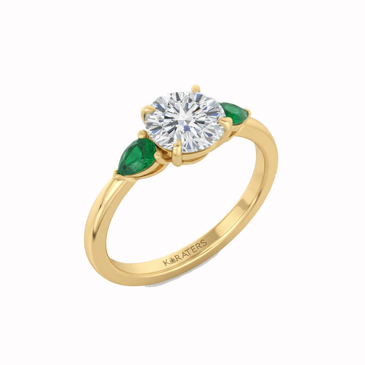 Yellow Gold Round Lab Diamond with Pear Shape Emerald Side Stone side view