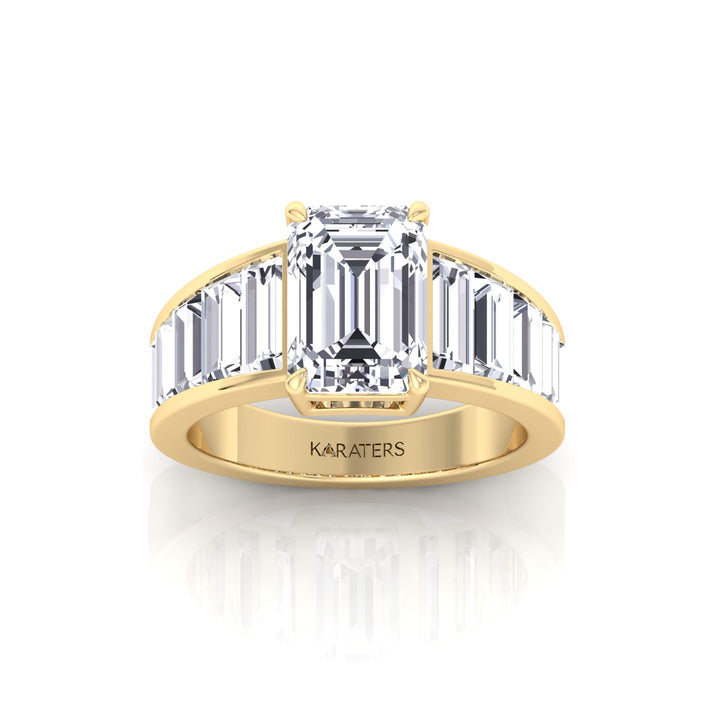 Emerald Shape Lab Grown Diamond Engagement Ring with Graduated Tapered Emerald Sidetones Yellow Gold 14K 18K