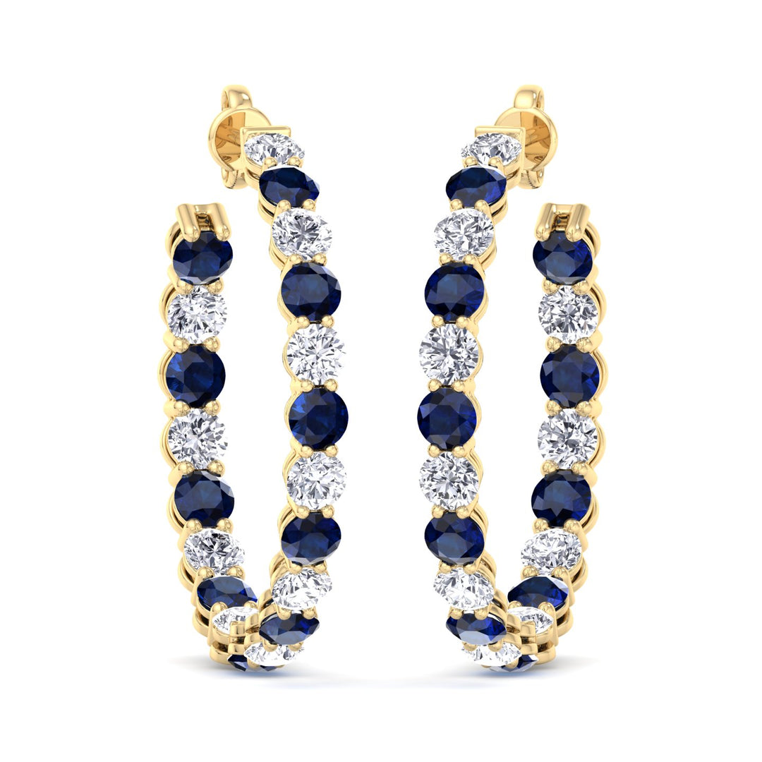 Alternating Lab Grown Blue Sapphire and Diamond Inside Out Hoop Earrings Yellow Gold 14K 18K