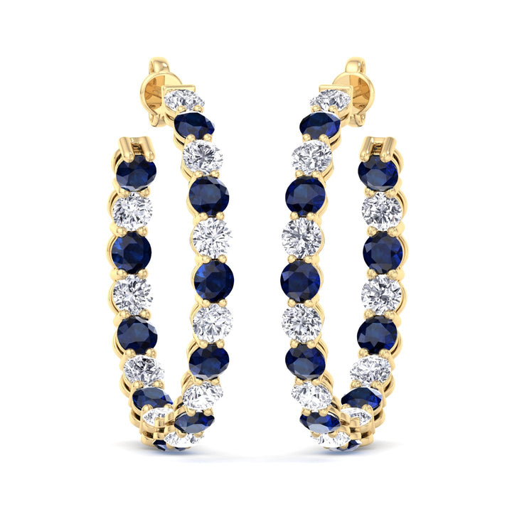 Alternating Lab Grown Blue Sapphire and Diamond Inside Out Hoop Earrings Yellow Gold 14K 18K
