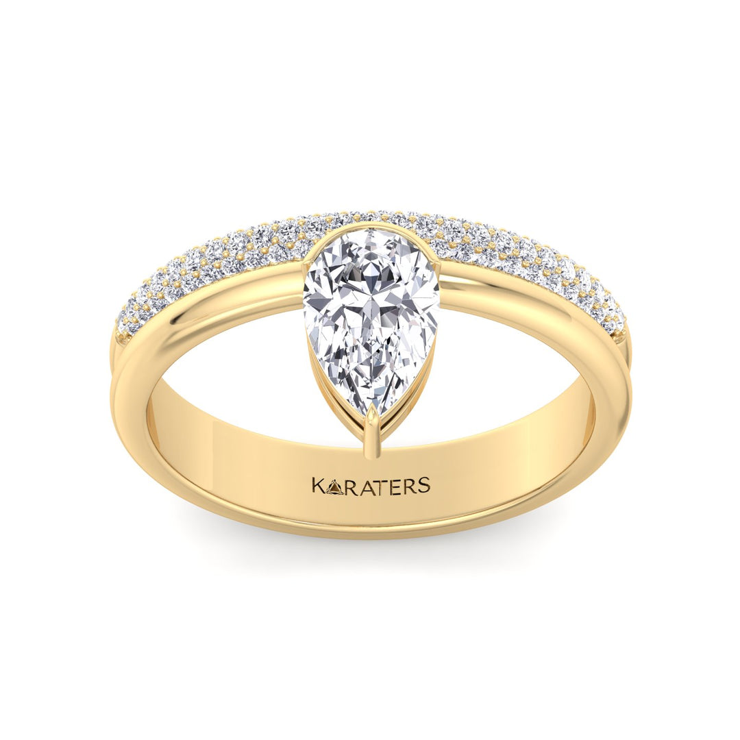Floating Pear Shape Lab Grown Diamond Engagement Ring with Double Band Yellow Gold 14K 18K