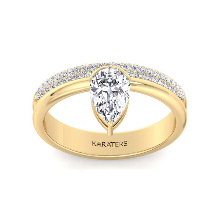 Floating Pear Shape Lab Grown Diamond Engagement Ring with Double Band Yellow Gold 14K 18K