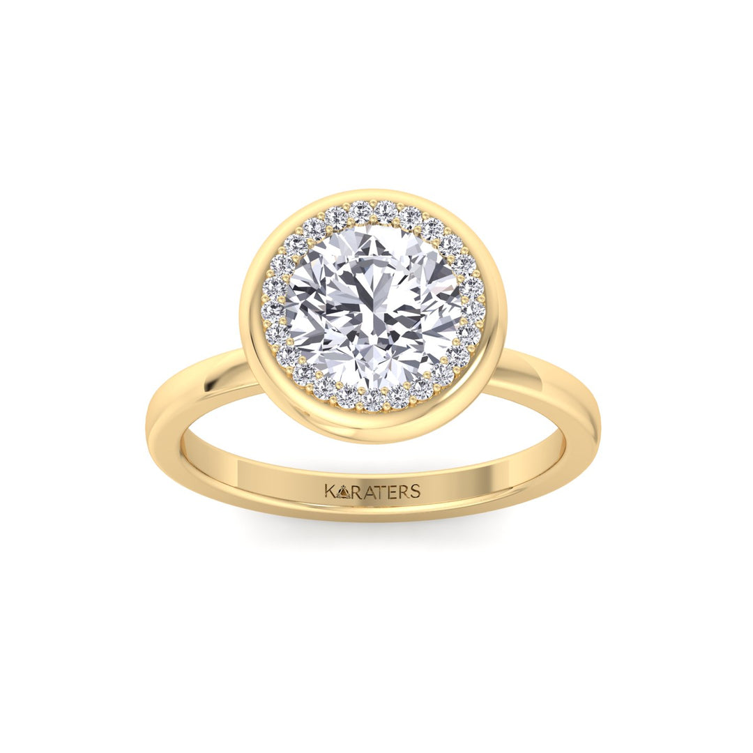 Bezel Set Round Shape Halo Lab Grown Diamond Engagement Ring Yellow Gold 14K 18K