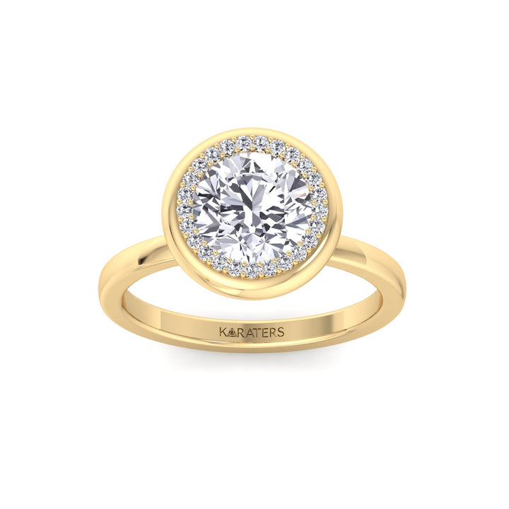 Bezel Set Round Shape Halo Lab Grown Diamond Engagement Ring Yellow Gold 14K 18K