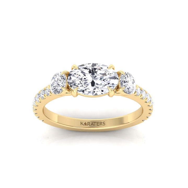 East West Oval Lab-Grown Diamond Engagement Ring with Round Sidestones Yellow Gold 14K 18K