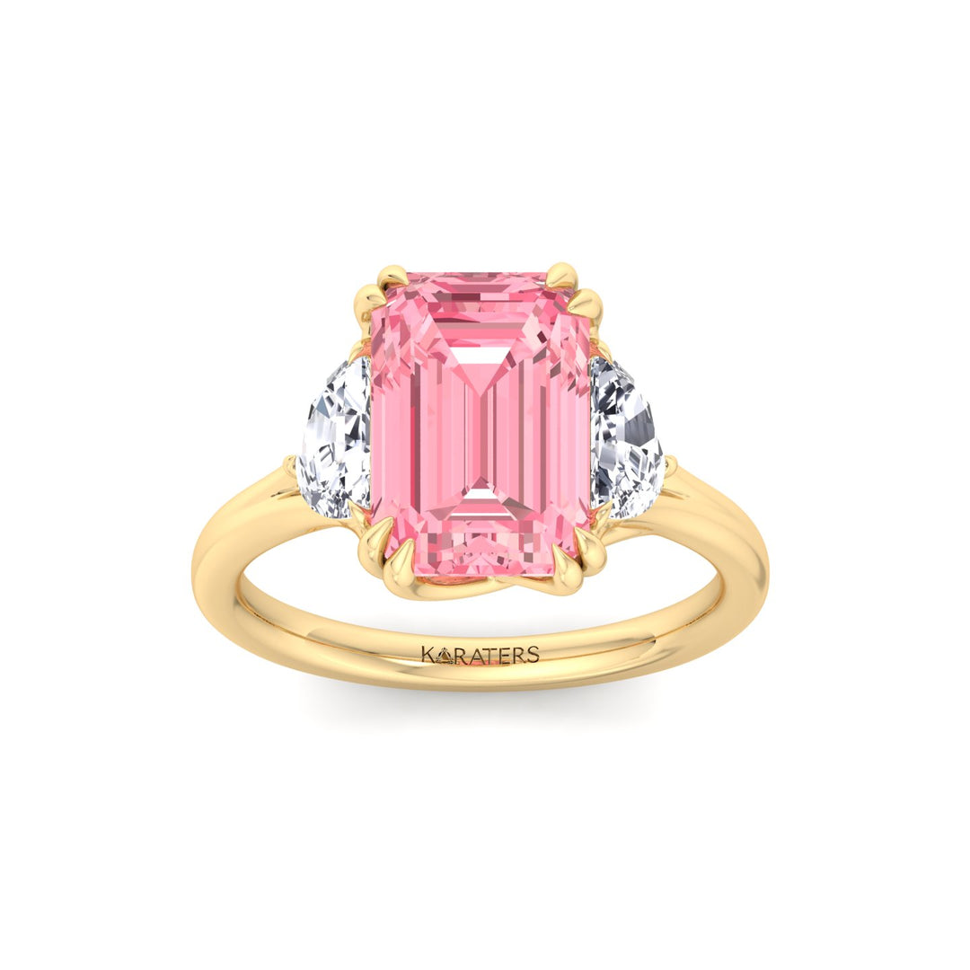 Fancy Pink Emerald Shape Lab Grown Diamond Engagement Ring with Half Moon Sidestones Yellow Gold 14K 18K