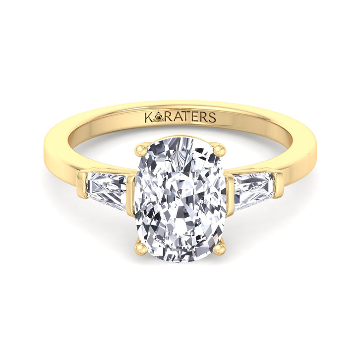 Elongated Cushion Cut Lab Grown Diamond Engagement Ring with Tapered Baguette Sidestones