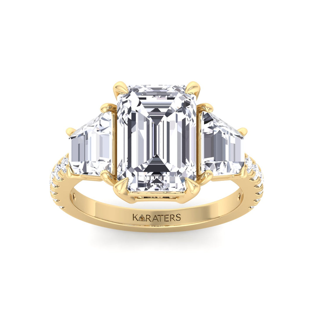 Emerald & Trapezoid Three Stone Lab-Grown Diamond Engagement Ring with Sidestones Yellow Gold 14K 18K