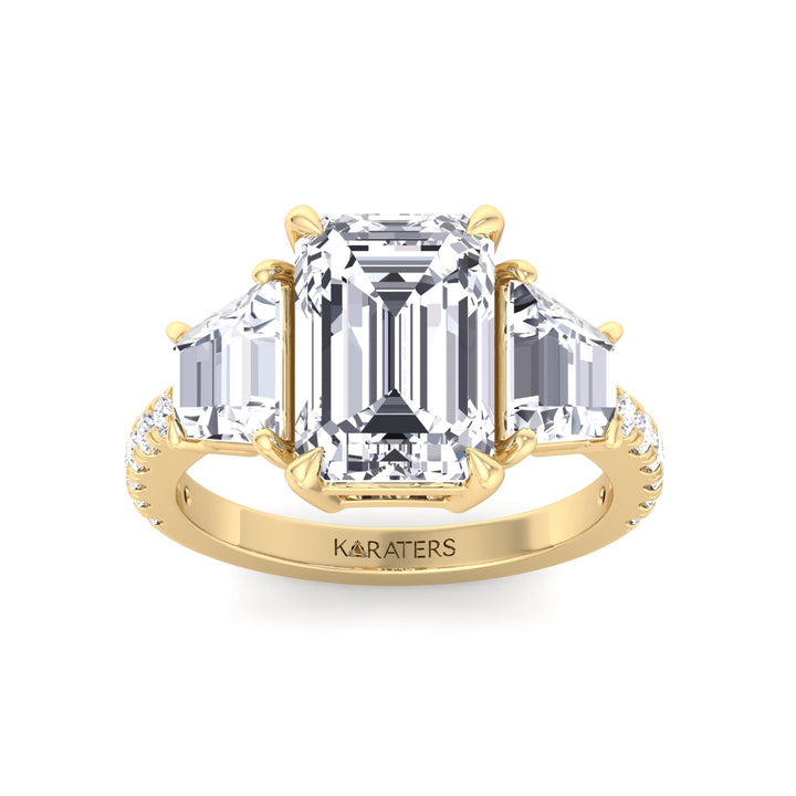 Emerald & Trapezoid Three Stone Lab-Grown Diamond Engagement Ring with Sidestones Yellow Gold 14K 18K