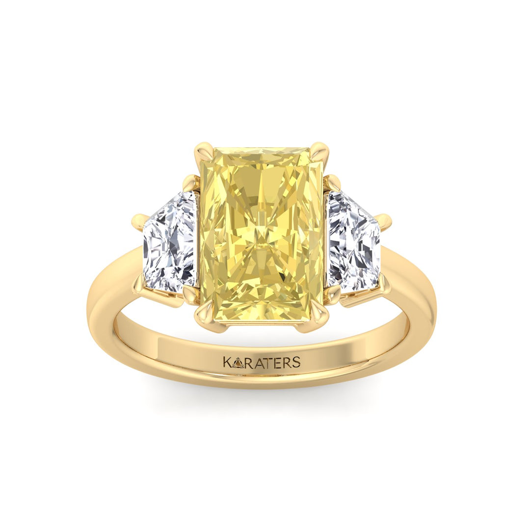 Fancy Yellow Radiant & Trapezoid Three Stone Lab-Diamond Engagement Ring Yellow Gold 14K 18K