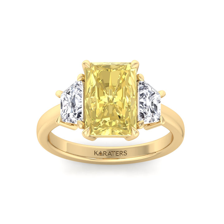 Fancy Yellow Radiant & Trapezoid Three Stone Lab-Diamond Engagement Ring Yellow Gold 14K 18K