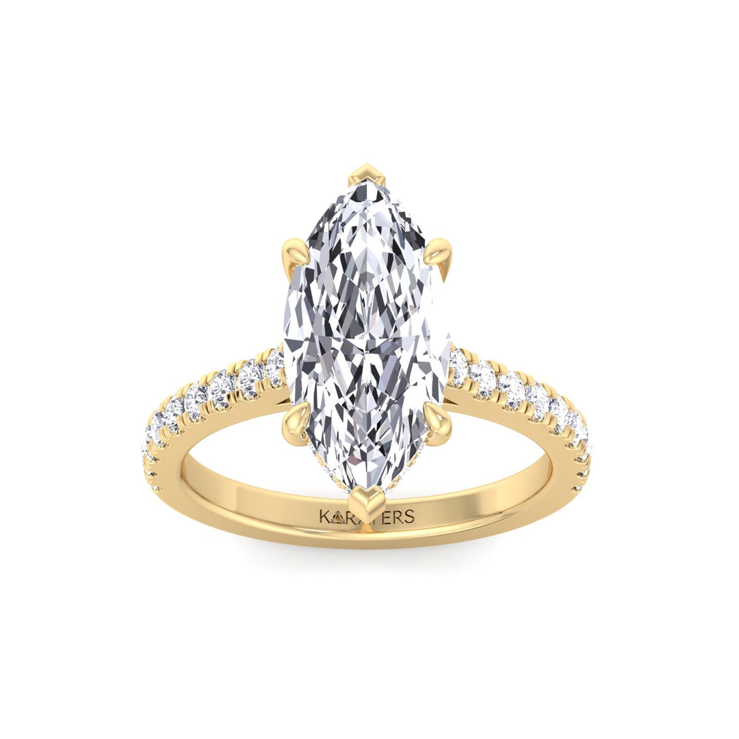 Marquise Shape Lab Grown Diamond Engagement Ring With Hidden Halo & Sidestones Yellow Gold 14K 18K