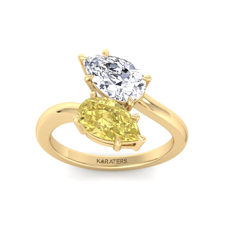 Fancy Yellow Pear Shape Lab Grown Diamond Bypass Two Stone Engagement Ring Yellow Gold 14K 18K