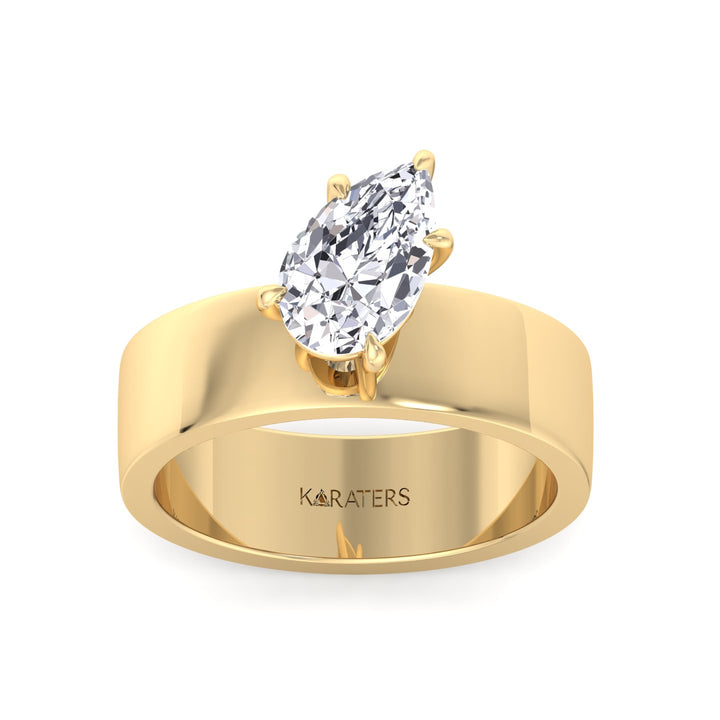 Pear Shaped Lab Grown Diamond Engagement Ring with Wide Band Yellow Gold 14K 18K