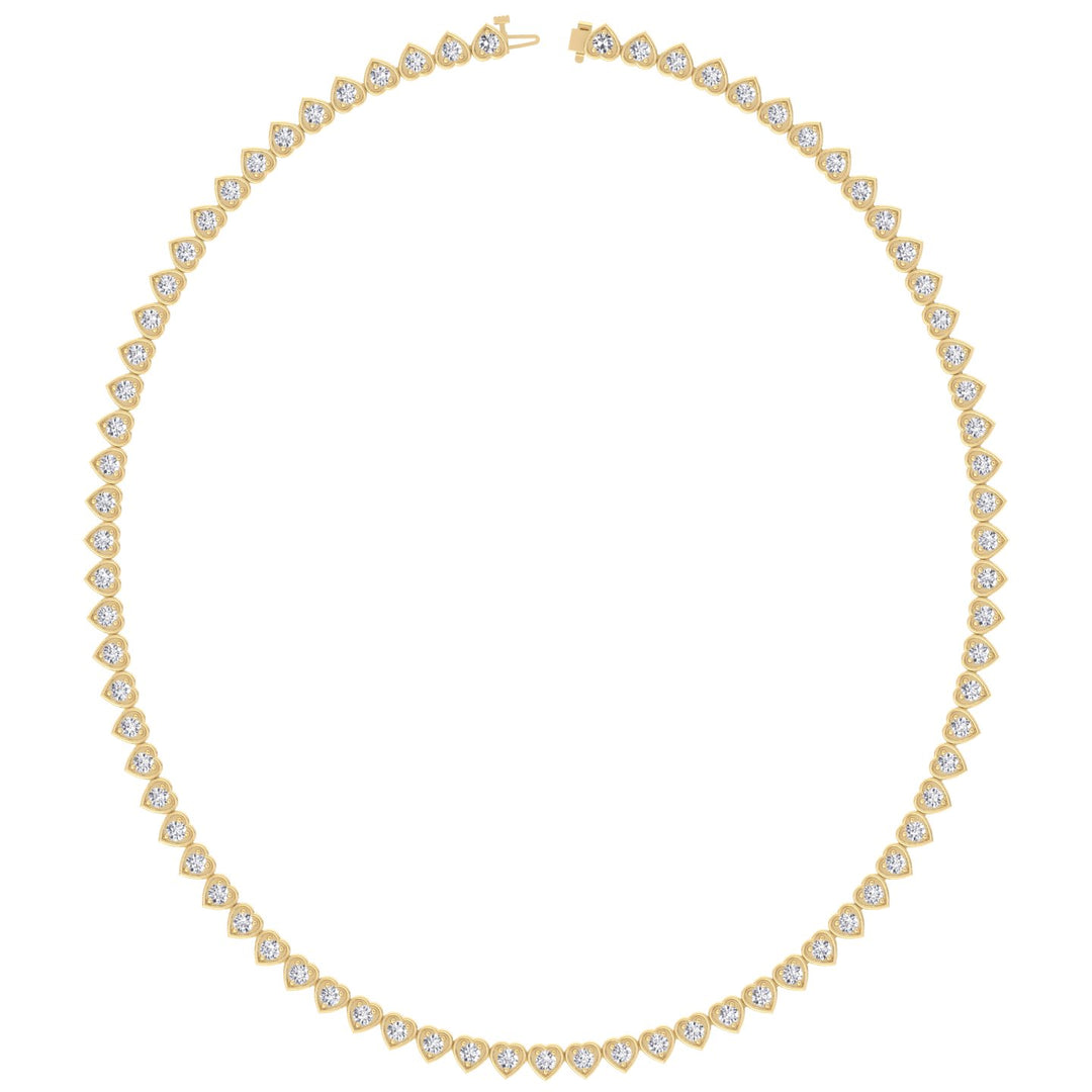 Heart Shape Bezel Set Lab Grown Diamond Tennis Necklace Yellow Gold double safety clasp 13ct