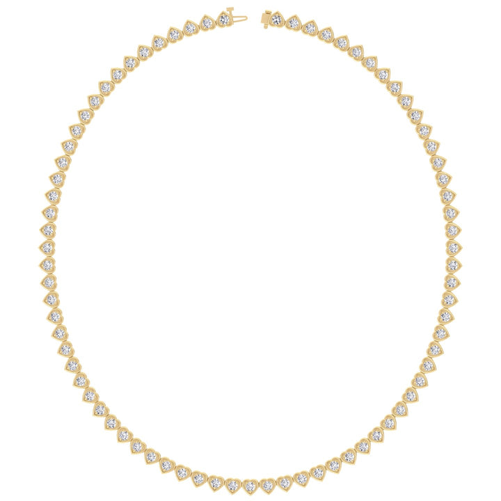Heart Shape Bezel Set Lab Grown Diamond Tennis Necklace Yellow Gold double safety clasp 13ct