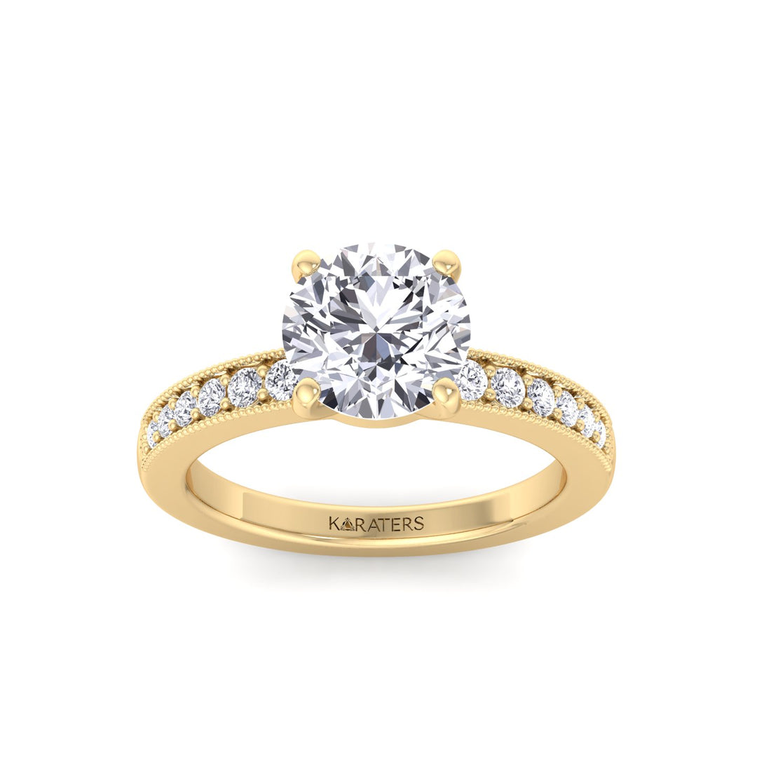 Vintage Round Shape Lab Grown Diamond Engagement Ring with Channel Set Side Stones Yellow Gold 14K 18K