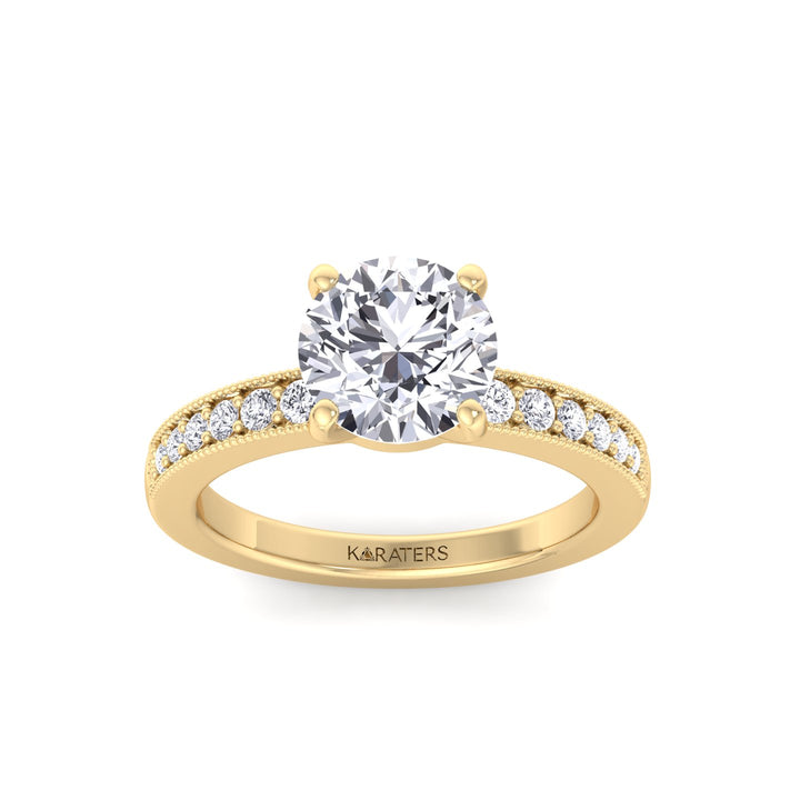 Vintage Round Shape Lab Grown Diamond Engagement Ring with Channel Set Side Stones Yellow Gold 14K 18K
