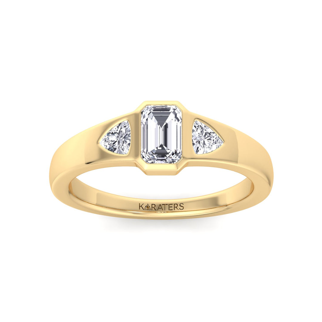 Bezel Set Emerald Lab Grown Diamond with Trillion Sidestones Engagement Ring Yellow Gold 14K 18K