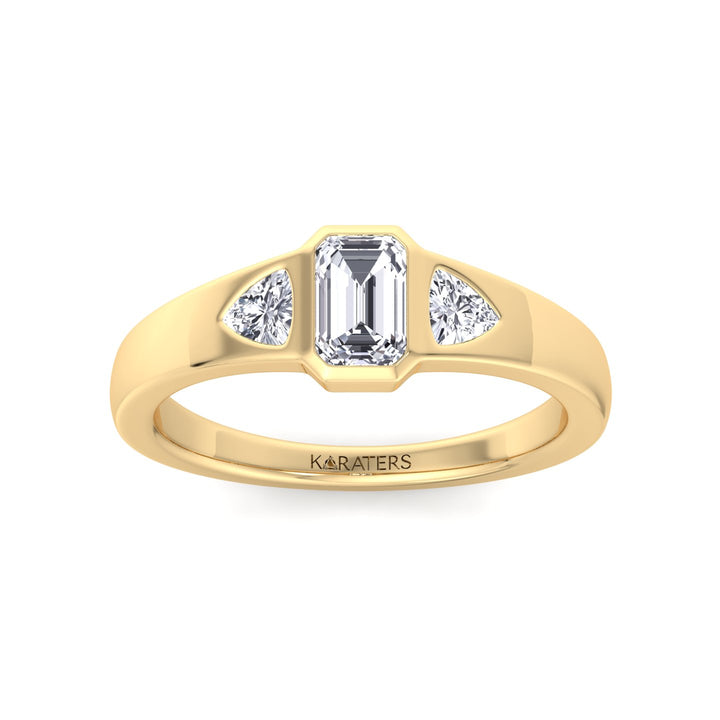 Bezel Set Emerald Lab Grown Diamond with Trillion Sidestones Engagement Ring Yellow Gold 14K 18K