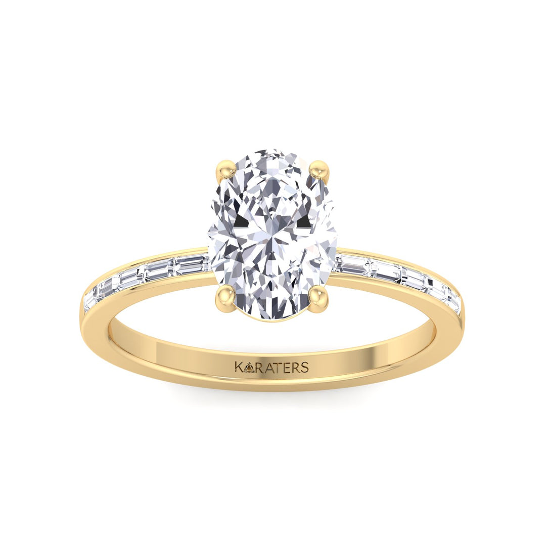 Oval Cut Lab Grown Diamond Engagement Ring with Baguette Channel Band-1CT-2CT-3CT-4CT-5CT-6CT-7CT-8CT-9CT-10CT-14K-18K-Yellow Gold