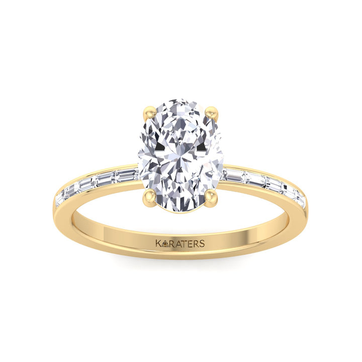 Oval Cut Lab Grown Diamond Engagement Ring with Baguette Channel Band-1CT-2CT-3CT-4CT-5CT-6CT-7CT-8CT-9CT-10CT-14K-18K-Yellow Gold