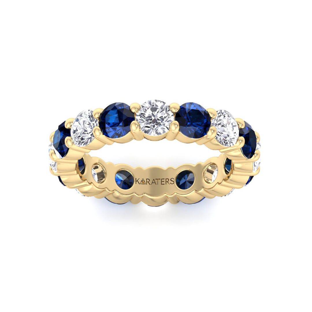 Alternating Round Shape Lab Grown Blue Sapphire and Diamonds Eternity Band Yellow Gold 14K 18K