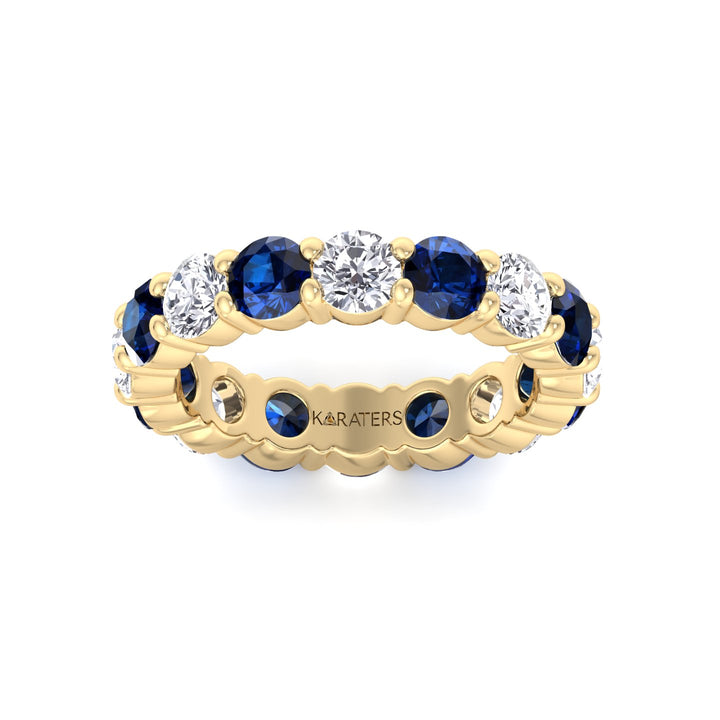 Alternating Round Shape Lab Grown Blue Sapphire and Diamonds Eternity Band Yellow Gold 14K 18K