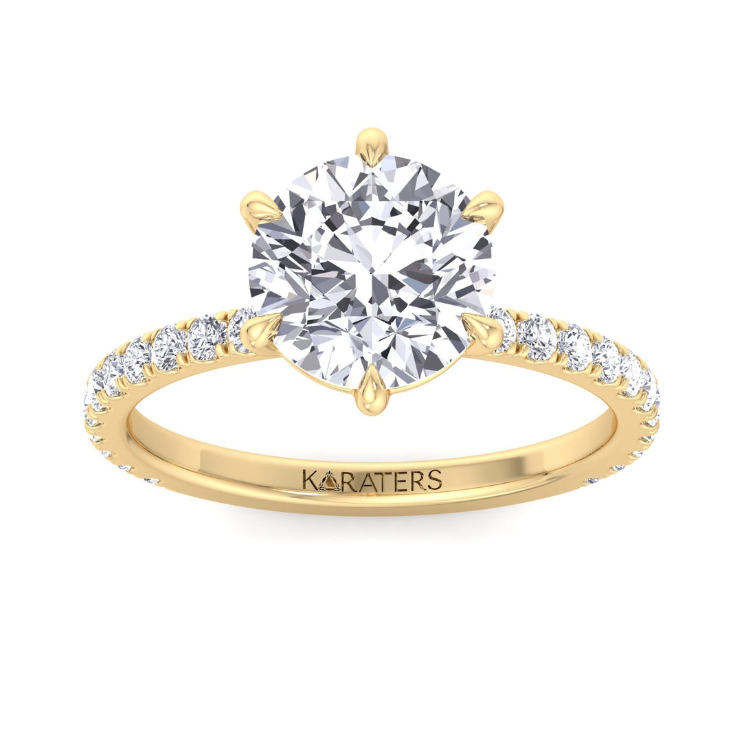 Adria - Six Prong Round Cut Lab Grown Diamond Engagement Ring With Pave Band