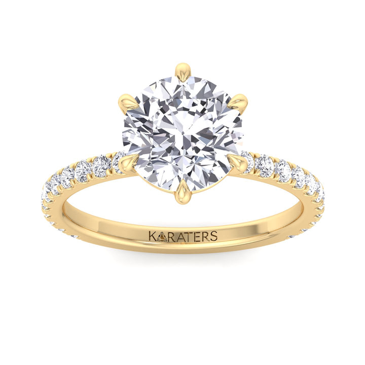Adria - Six Prong Round Cut Lab Grown Diamond Engagement Ring With Pave Band