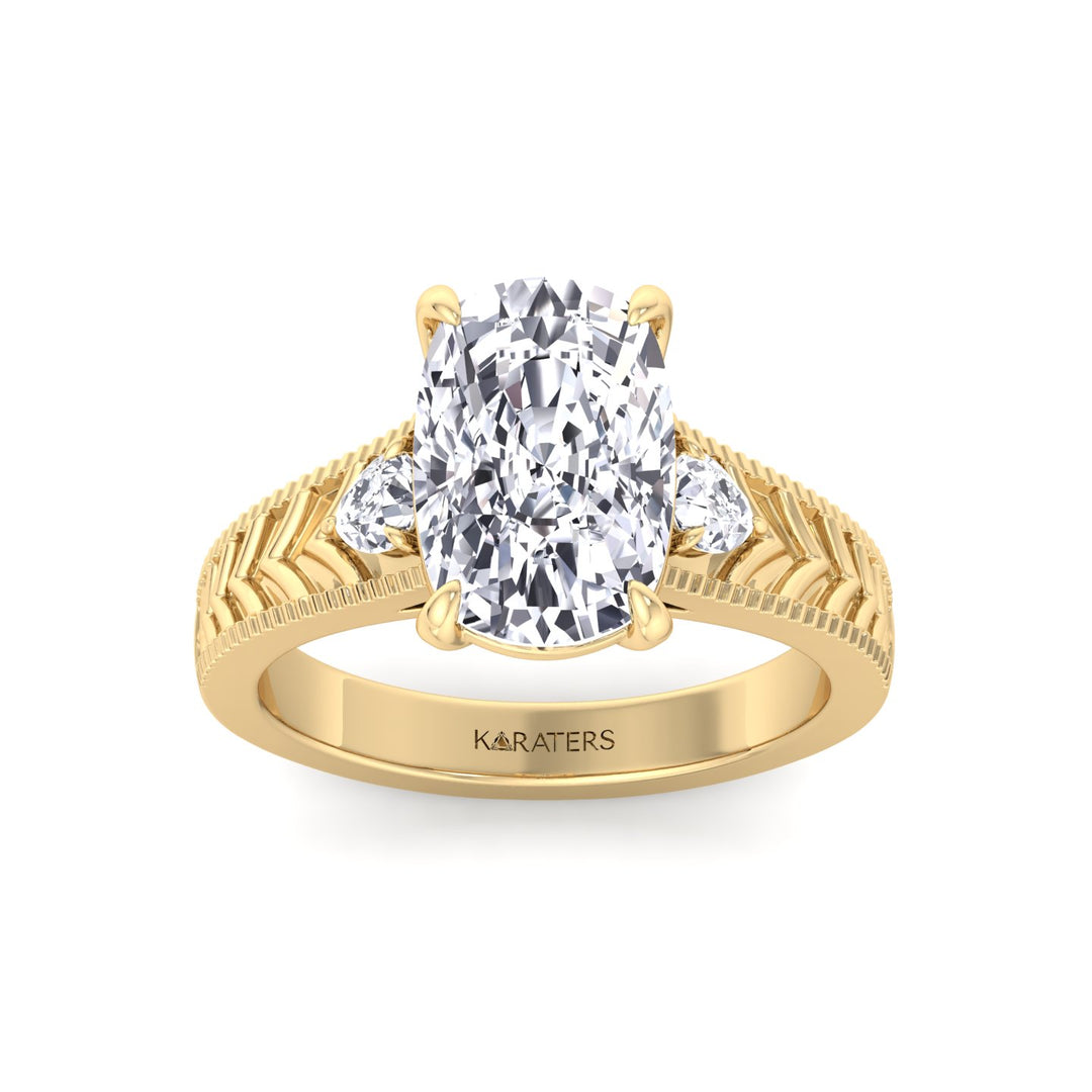 Vintage Style Elongated Cushion-Cut Lab Grown Diamond Engagement Ring with Pear Sidestones Yellow Gold 14K 18K