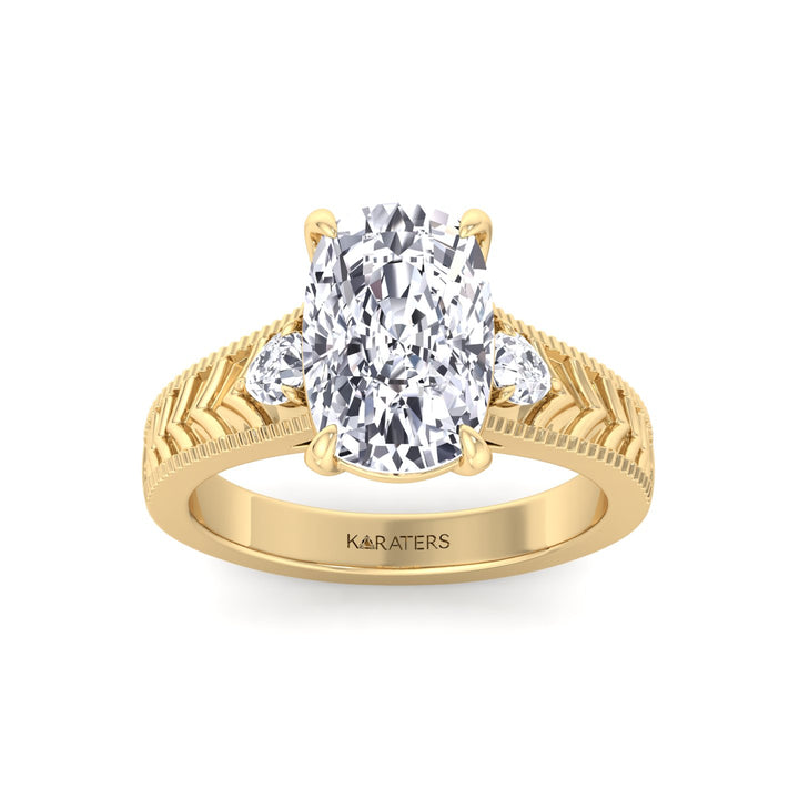 Vintage Style Elongated Cushion-Cut Lab Grown Diamond Engagement Ring with Pear Sidestones Yellow Gold 14K 18K