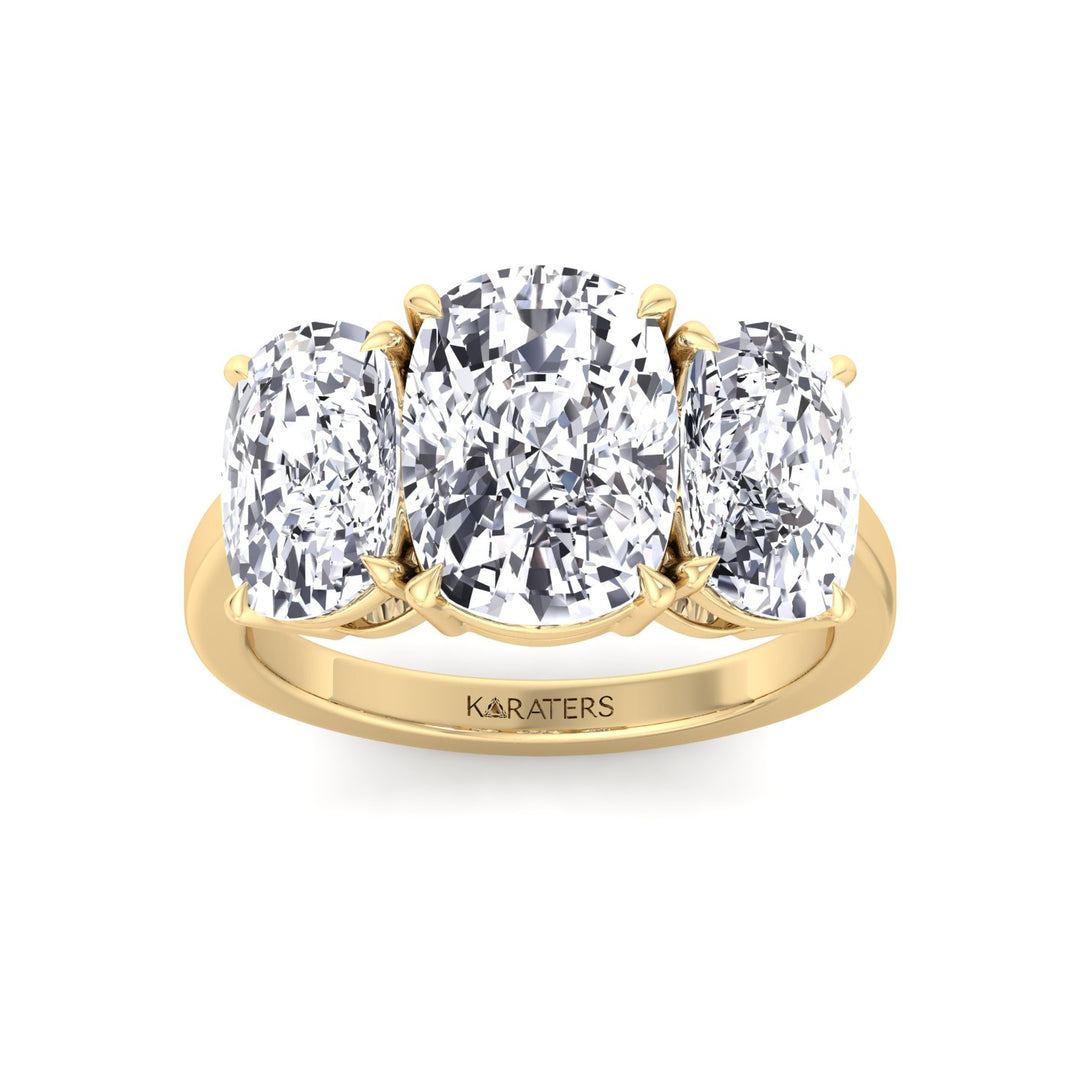3 Stone Elongated Cushion Cut Lab Grown Diamond Engagement Ring Yellow Gold 14K 18K