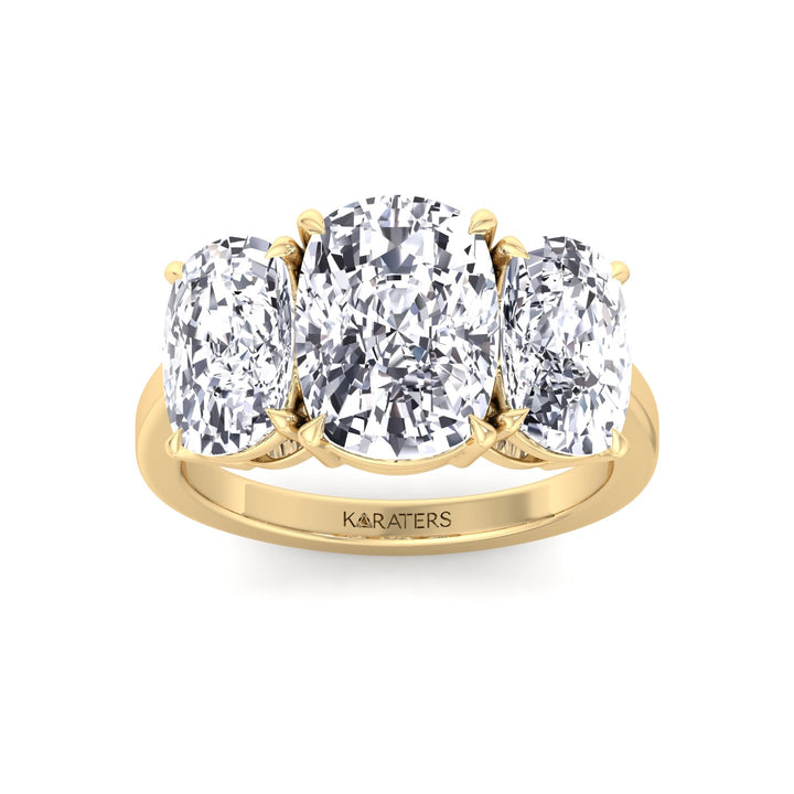 3 Stone Elongated Cushion Cut Lab Grown Diamond Engagement Ring Yellow Gold 14K 18K