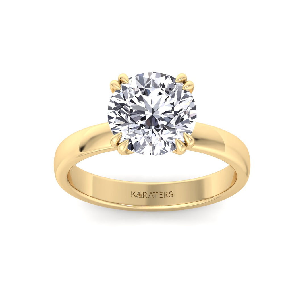 Double Prong Round Shape Lab Grown Diamond Solitaire Engagement Ring with Thick Band Yellow Gold 14K 18K