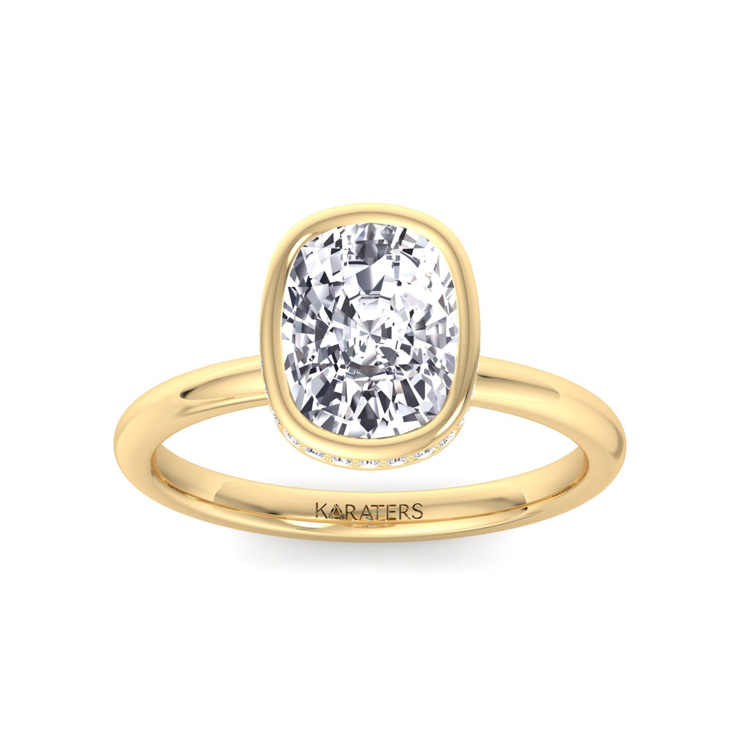 Bezel Set Cushion Cut Lab Grown Diamond Engagement Ring with Hidden Halo Yellow Gold 14K 18K