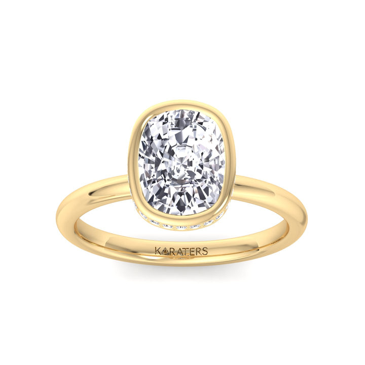 Bezel Set Cushion Cut Lab Grown Diamond Engagement Ring with Hidden Halo Yellow Gold 14K 18K