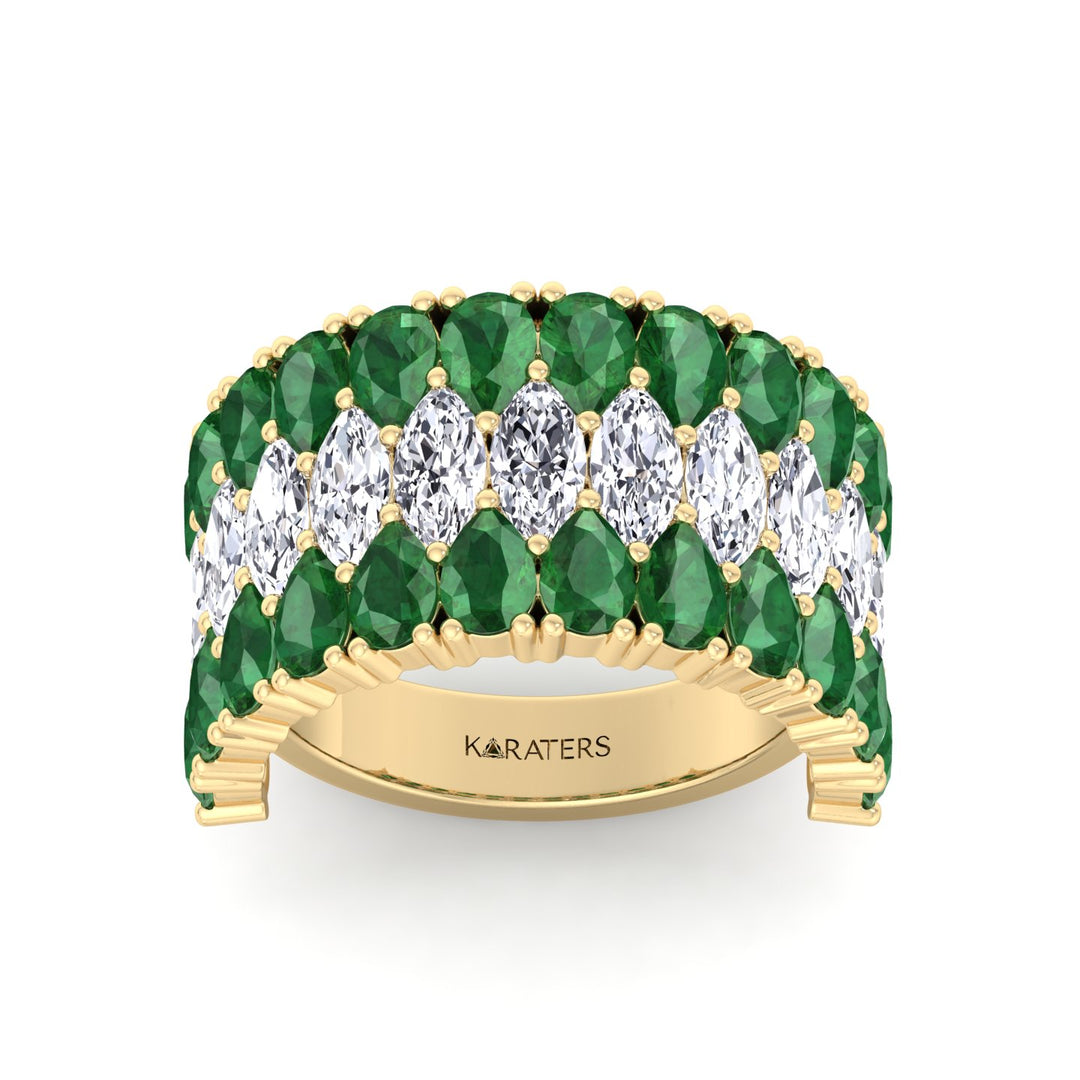 Pear Shape Green Emerald and Marquise Lab-Grown Diamond Cocktail Ring  YG 2