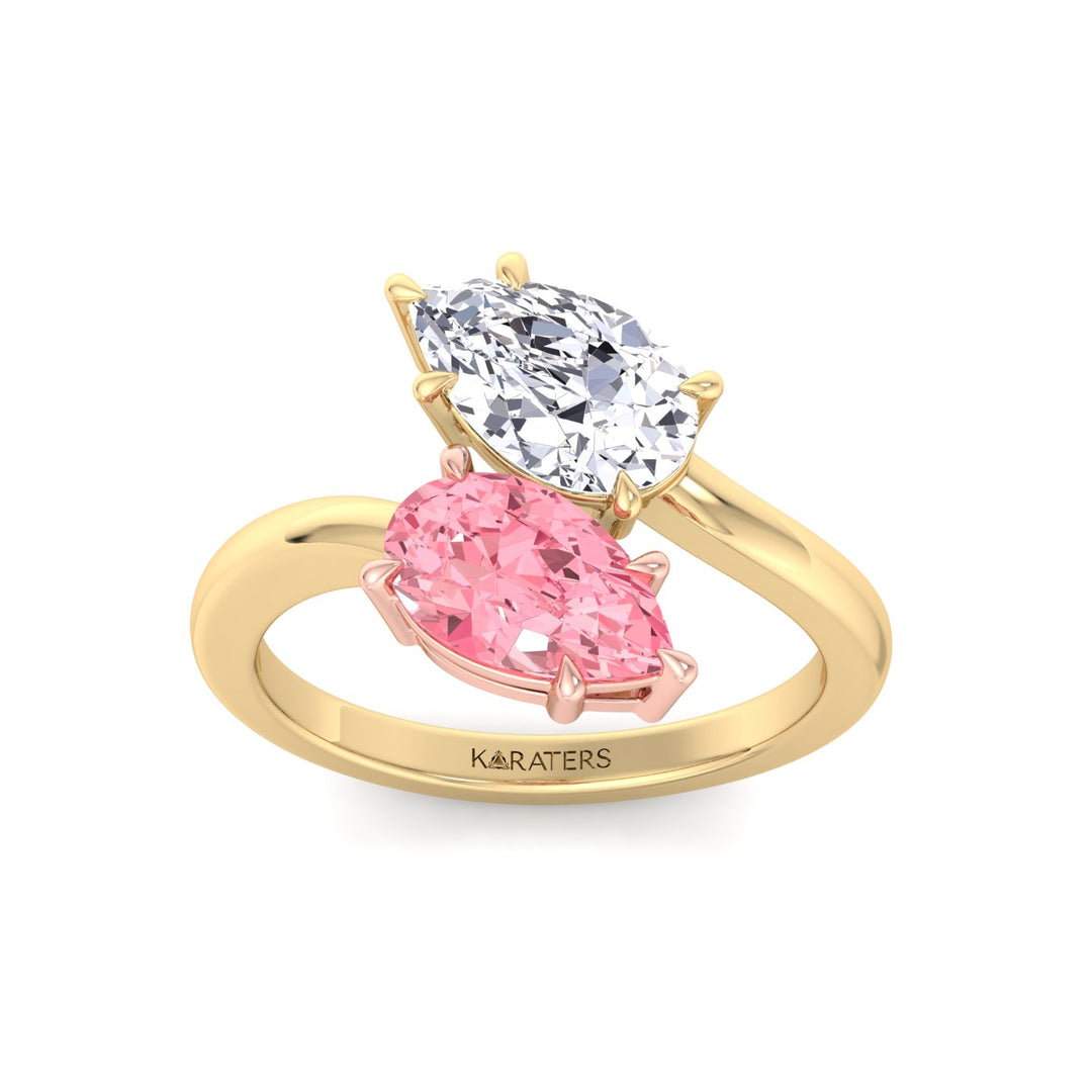 Pear Shape Bypass Ring in Fancy Pink Lab Grown Diamond Yellow Gold 14K 18K
