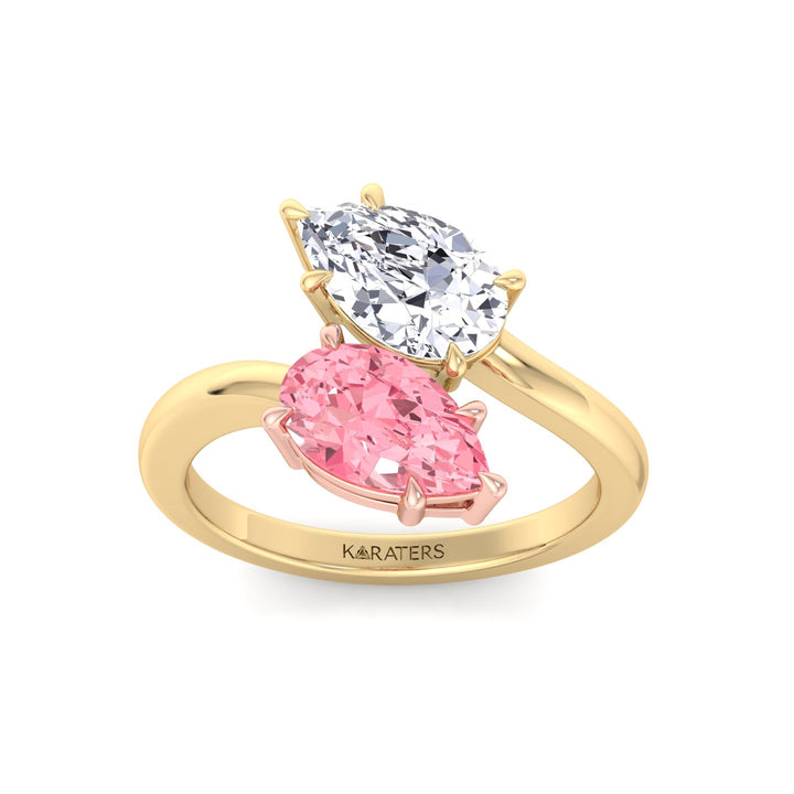 Pear Shape Bypass Ring in Fancy Pink Lab Grown Diamond Yellow Gold 14K 18K